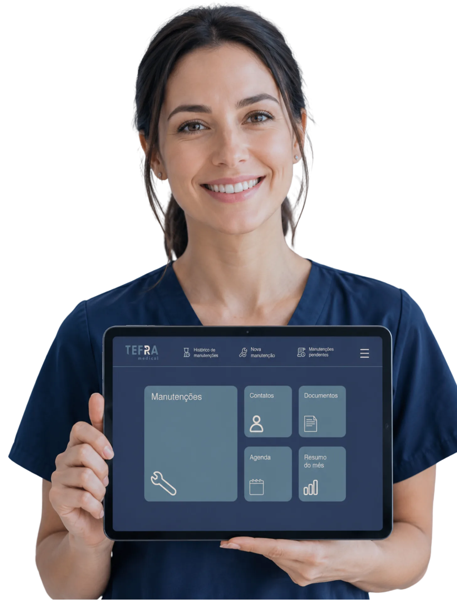 Profissional de saúde utilizando o TEFRA Medical em um tablet